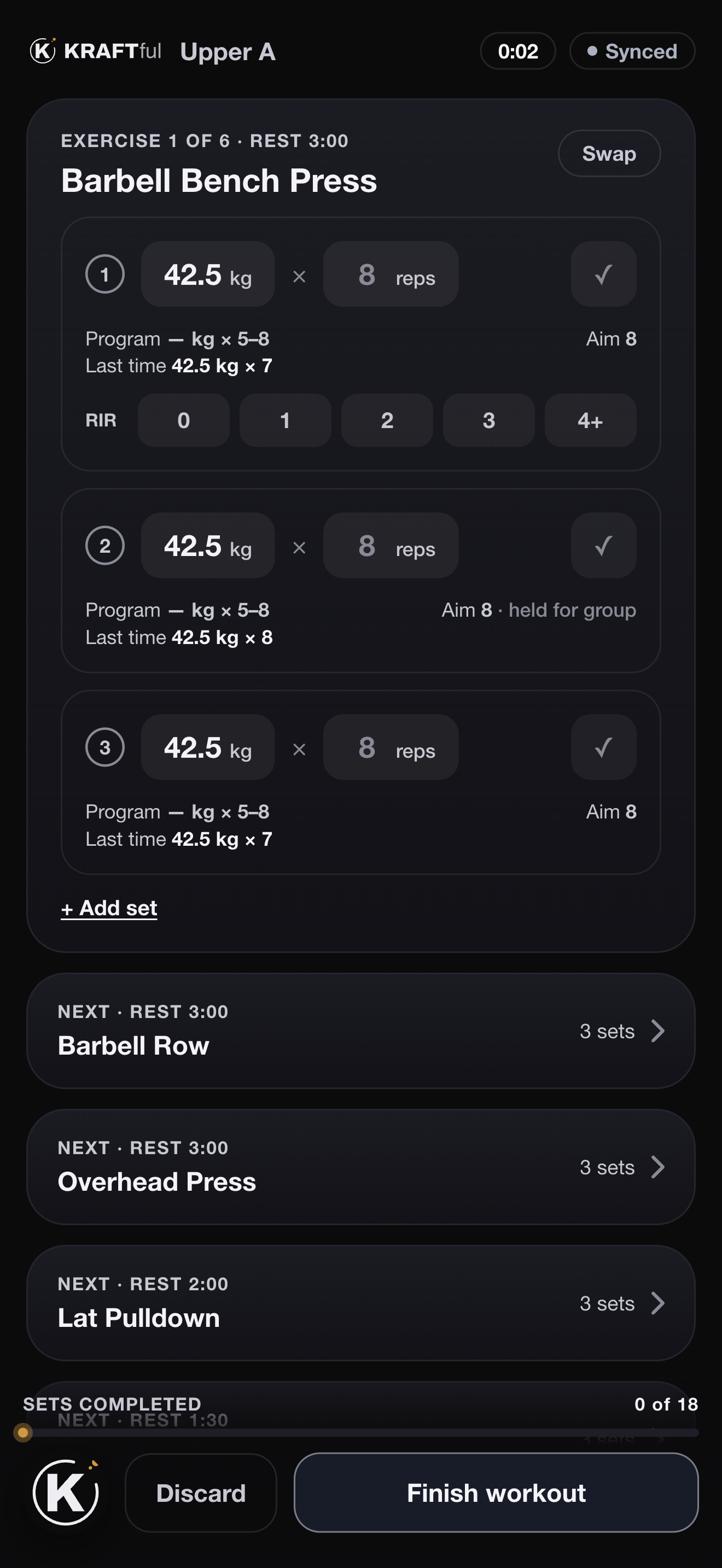 A live workout: Barbell Bench Press, three sets prefilled at 42.5 kg × 8 with last time's numbers, RIR buttons, and the next exercises queued with their rest.