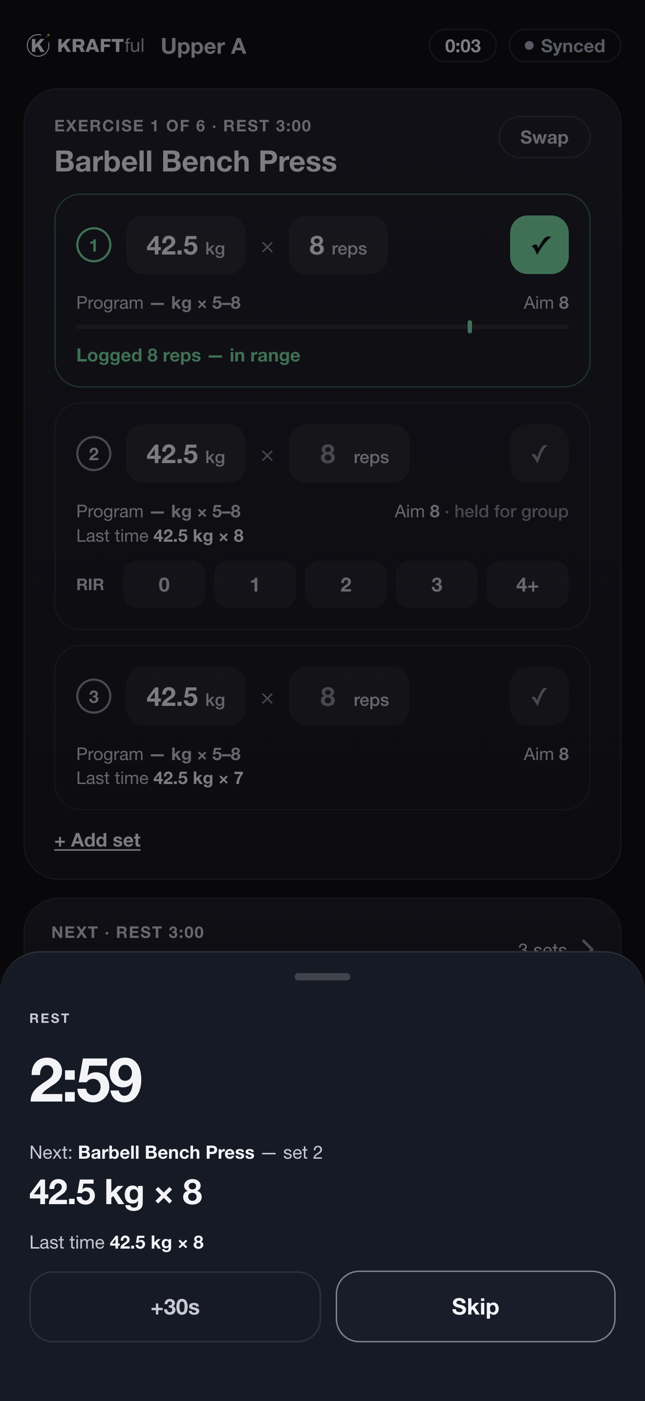 The rest sheet: 2:59 counting down, next set Barbell Bench Press set 2 at 42.5 kg × 8, last time 42.5 kg × 8, +30s and Skip.